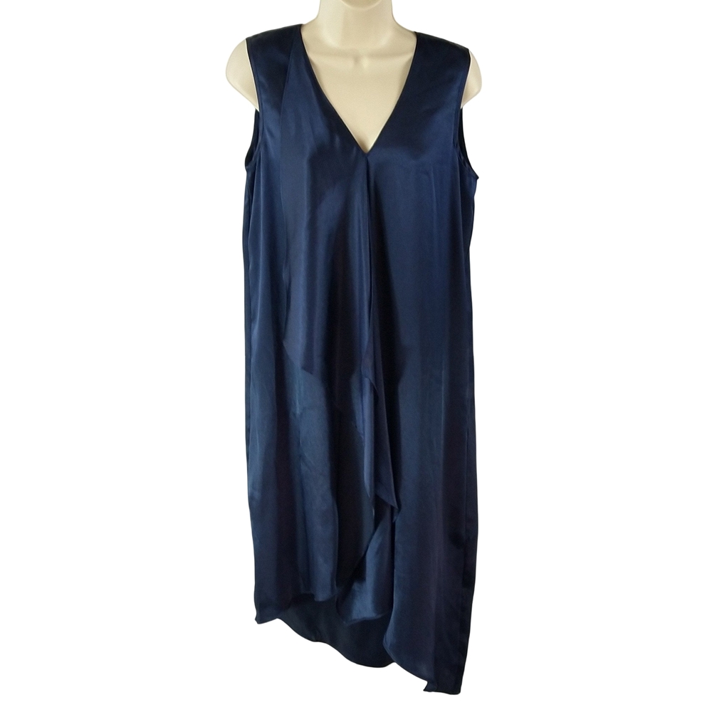 Adrianna Papell Soft  Asymmetrical Blue Dress With Waterfall Ruffle On Front